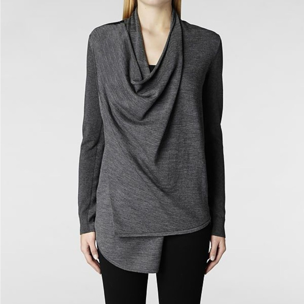 All Saints Charcoal Drape Neck Zip Asymmetric Wool Cotton Knit‎ Sweater Sz 0